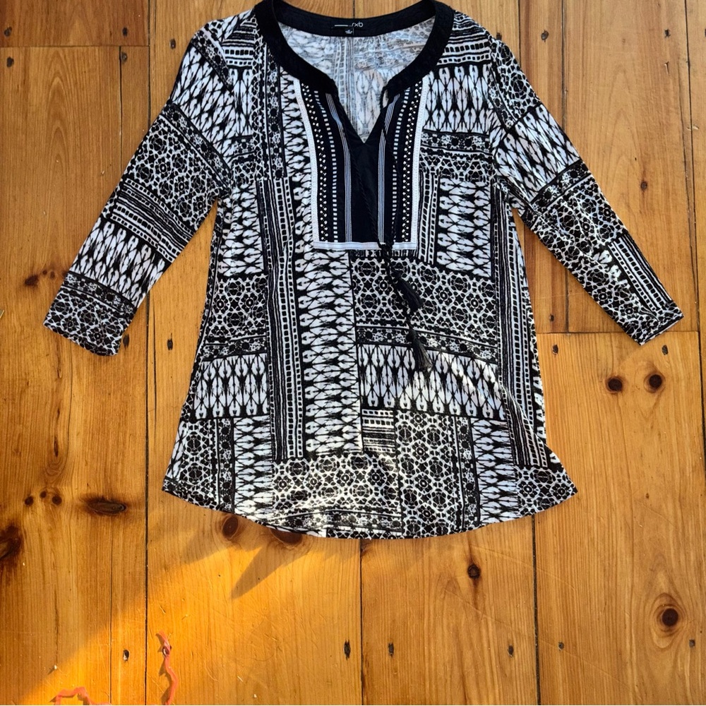 RXB Black White Boho Tassel Tunic Blouse Size M